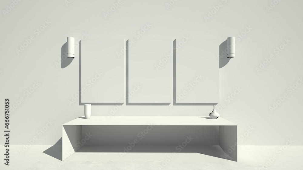 Modellazione e rendering 3d di una parete e pavimento bianche con quadro bianco Modellazione e rendering 3d di una parete e pavimento bianche con quadro bianco