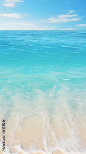 Endless ocean horizon, crystal-clear blue waters, gentle waves, cloud-speckled sky, calm sea meets sandy shore, refreshing nature view, ideal summer destination, tranquil seascape.