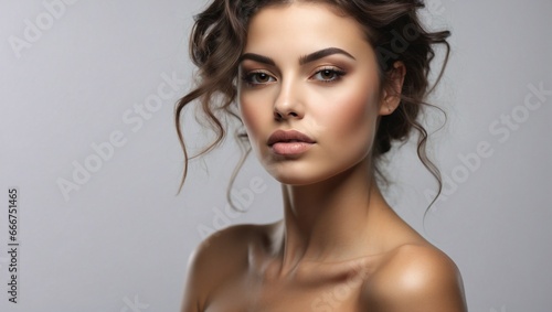 Modelo de maquillaje joven sensual con ropa blanca para anuncio de cuidado personal photo