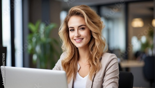 Mujer rubia sonriente joven trabajando desde casa en ordenador portátil Free Download Mujer rubia sonriente joven trabajando desde casa en ordenador portátil - GFXLoad