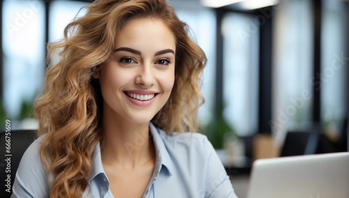 Mujer rubia sonriente joven trabajando desde casa en ordenador portátil