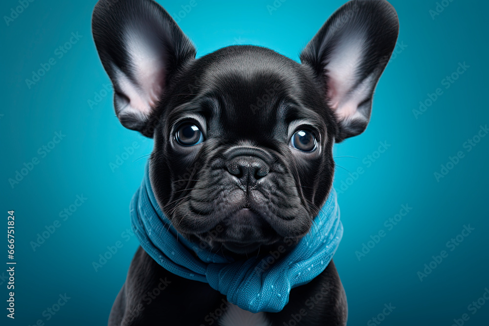 A black dog wearing a blue hat and scarf. French bulldog. Generative AI