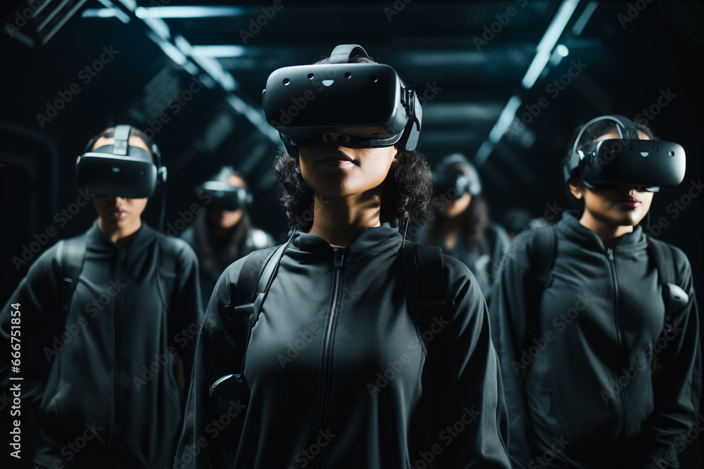 Obraz premium Group of young people in a VR . Future multiplayer game.