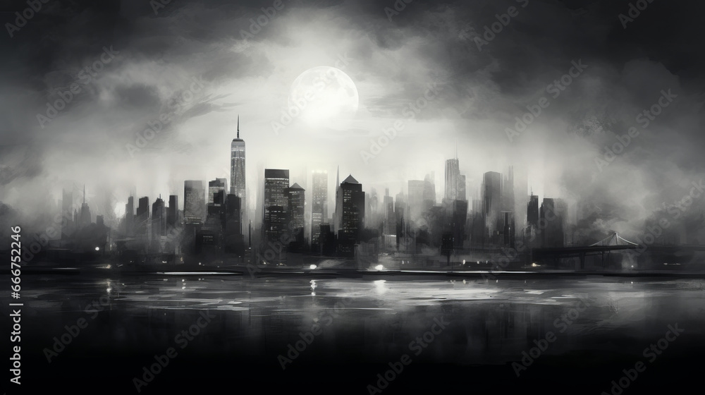 Silhouette cityscape background. Black buildings with smoke. Dramatic concept