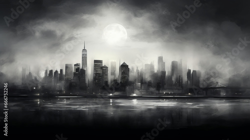 Silhouette cityscape background. Black buildings with smoke. Dramatic concept