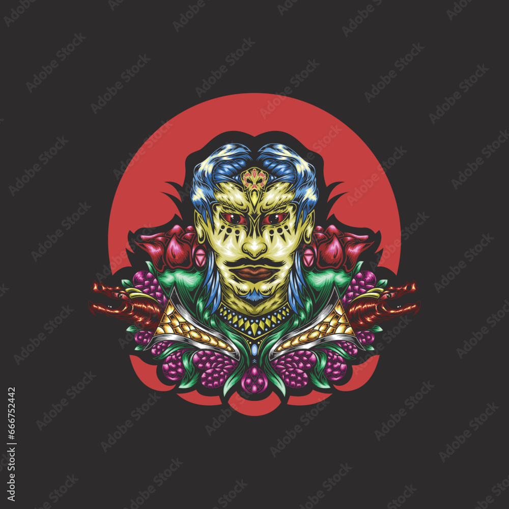 Man with flower decoration and traditional Javanese keris weapon Man with flower decoration and traditional Javanese keris weapon