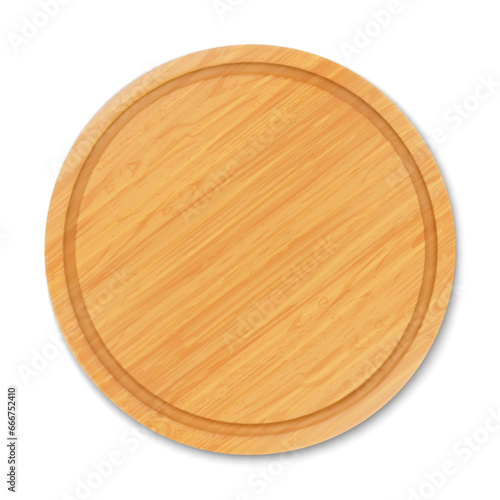 Empty round wooden cutting board, top view. Trays or plate of round shapes, natural, eco-friendly kitchen utensils made of wood isolated on white background, realistic 3d vector illustration