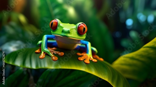 Vibrant Red-eyed Tree Frog on Rainforest Leaf