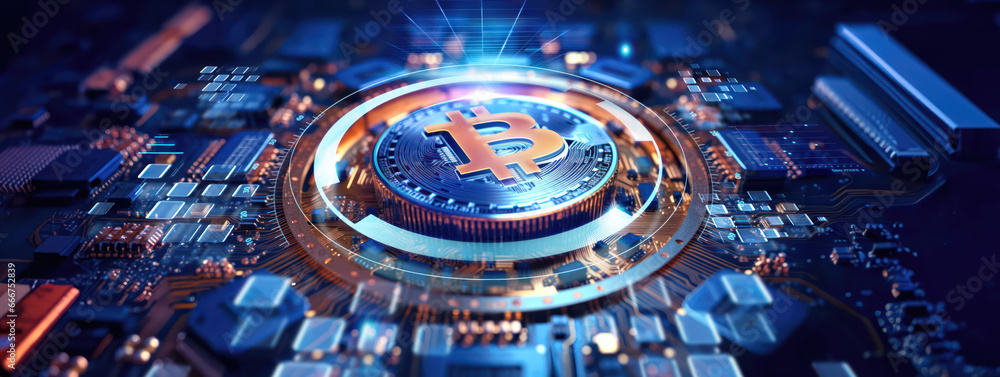 Crypto and BTC bitcoin blockchain technology and digital money as wide ...