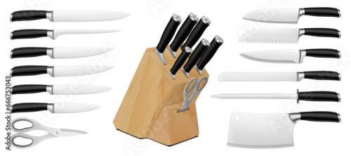Knifes and kitchen scissors in a wooden stand. Hardened steel: chef knife, versatile and for slicing fruits and vegetables. For restaurants, cafes and home cooking. realistic 3d vector illustration.