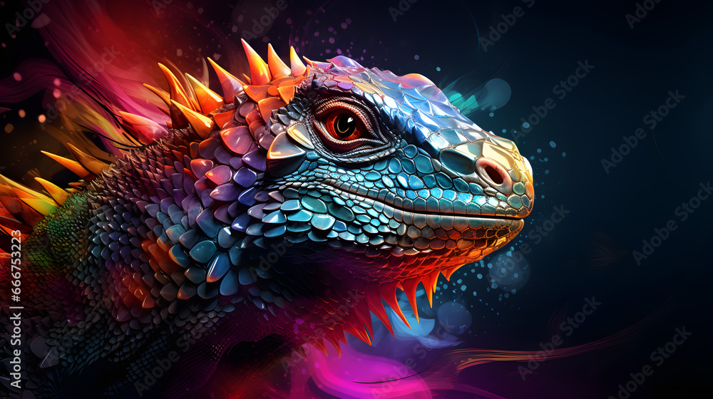 Colorful Digital Artwork of a Dragon's Face with Vibrant Scales and Fiery Accents.