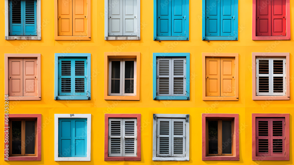 A Medley of Colorful Shutters on a Bright Yellow Wall.