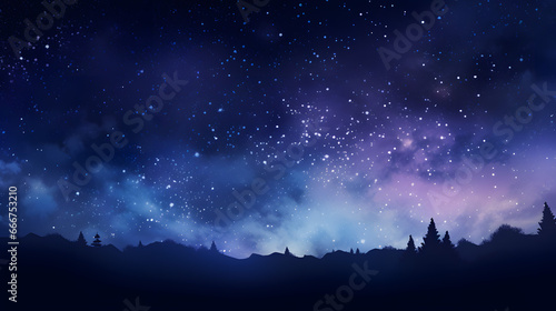 Starry Night Sky Over Silhouetted Mountains and Forest.