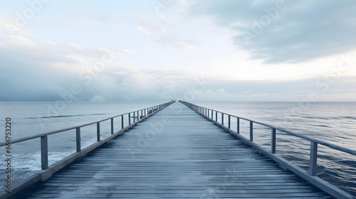 Wooden Pier Extending into the Ocean with Approaching Clouds.