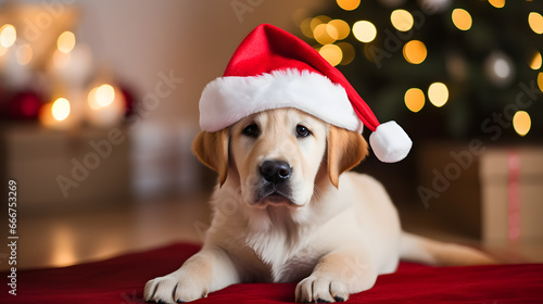 Adorable Golden Retriever Puppy Donning a Santa Hat for the Holidays.