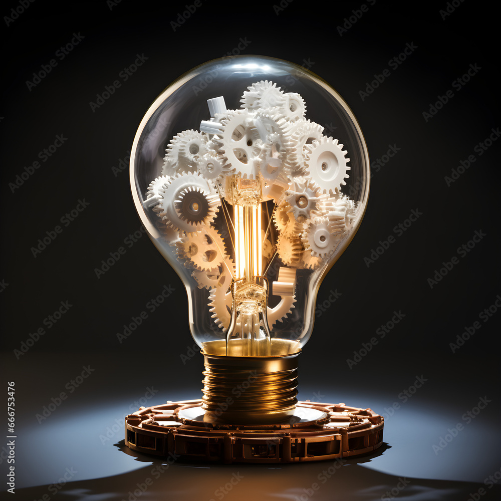 Innovative synergy, White light bulb powered by interconnected gears - obrazy, fototapety, plakaty 