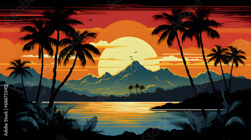 Tropical Sunset with Silhouetted Palm Trees and Reflective Ocean Waters Against Mountain Backdrop