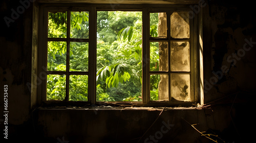 Abandoned Room with Overgrown Window View.