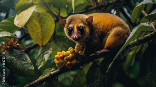 Kinkajou foraging for fruit in the rainforest canopy