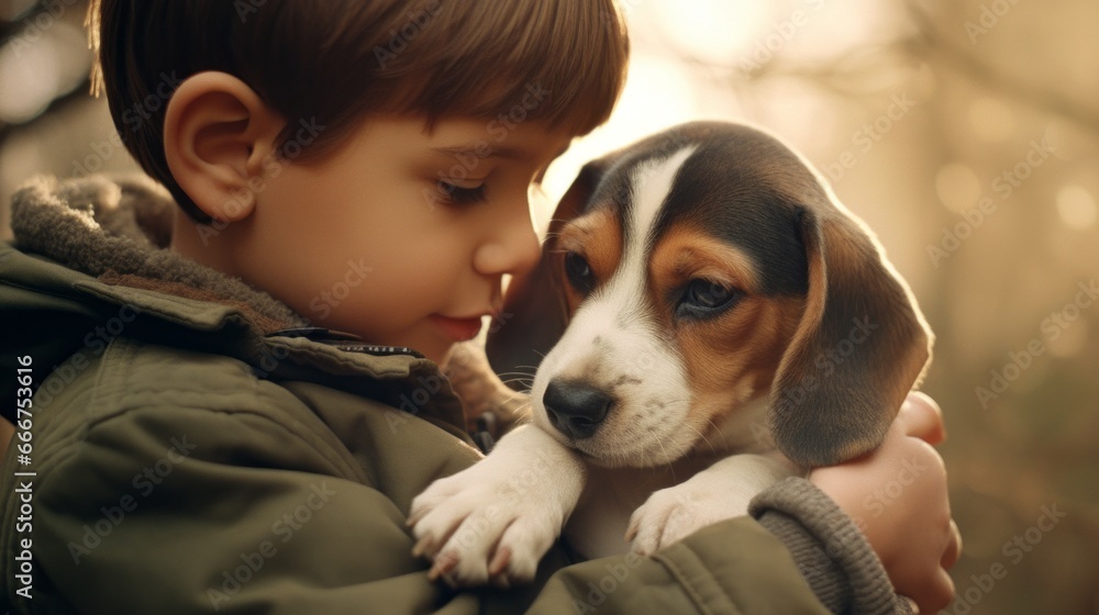 Beagle Puppy Nuzzling Child's Face Beagle Puppy Nuzzling Child's Face