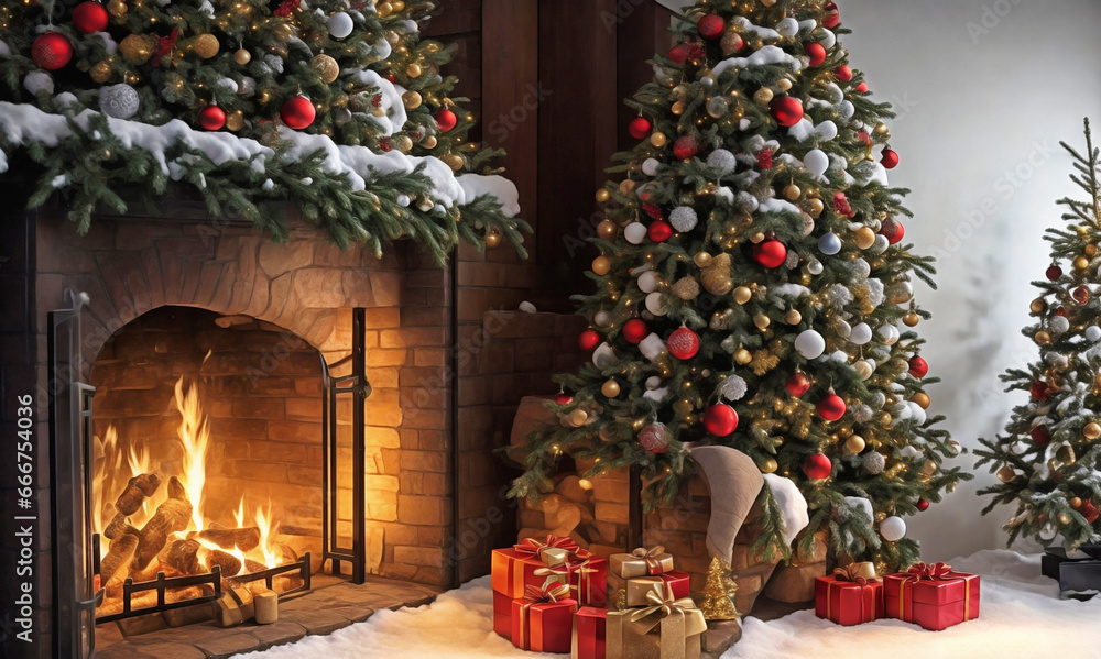 Merry Christmas banner with a fairytale interior and festive fir trees and a large fireplace.
