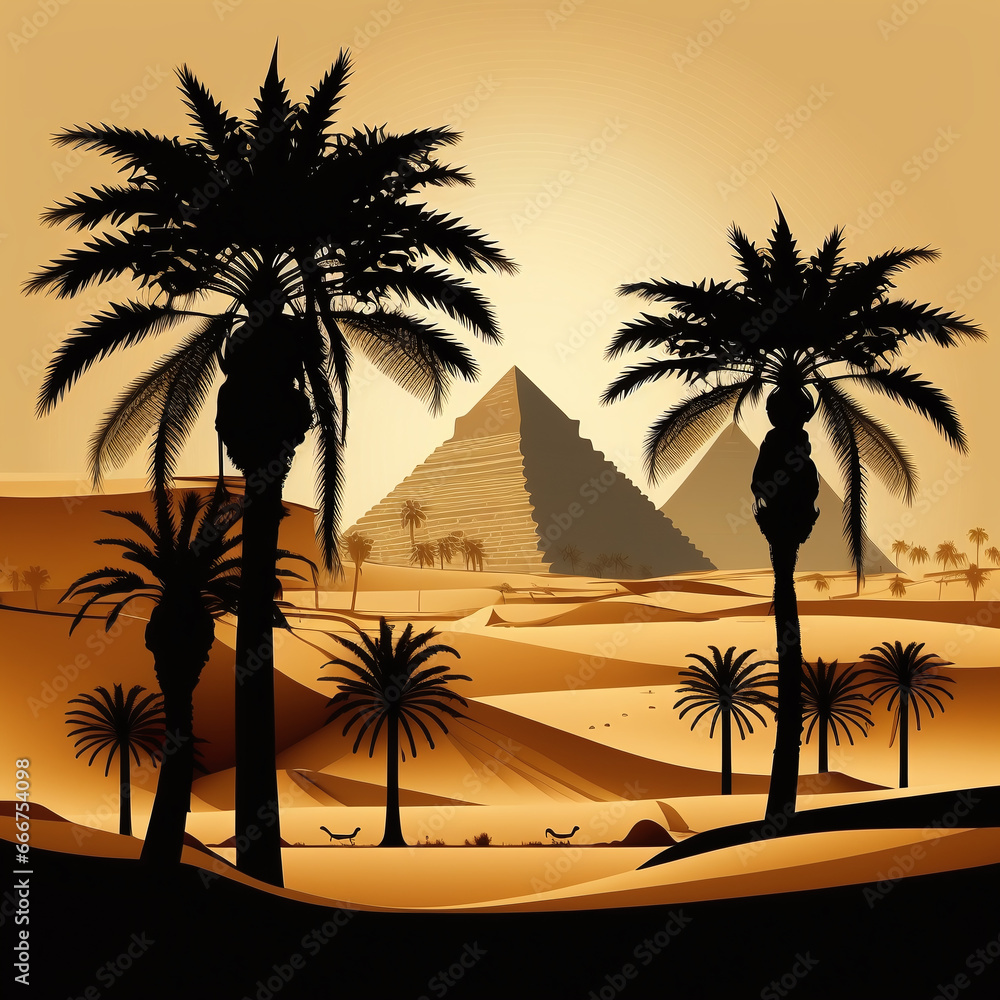 silhouettes of palms in front of pyramids