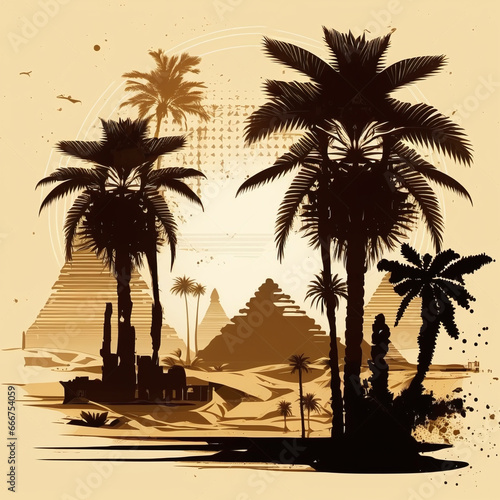 silhouettes of palms in front of pyramids