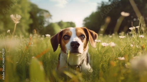 Curious Beagle Following Scent Trail in Vibrant Meadow