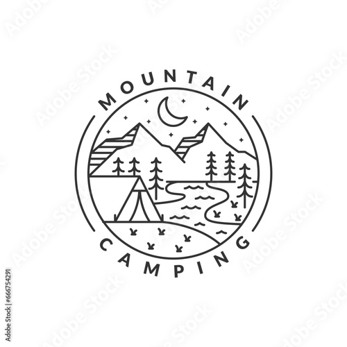 night camp mountain badge vector illustration. mountain and tent monoline or line art style. design can be for T-shirts, sticker, printing needs