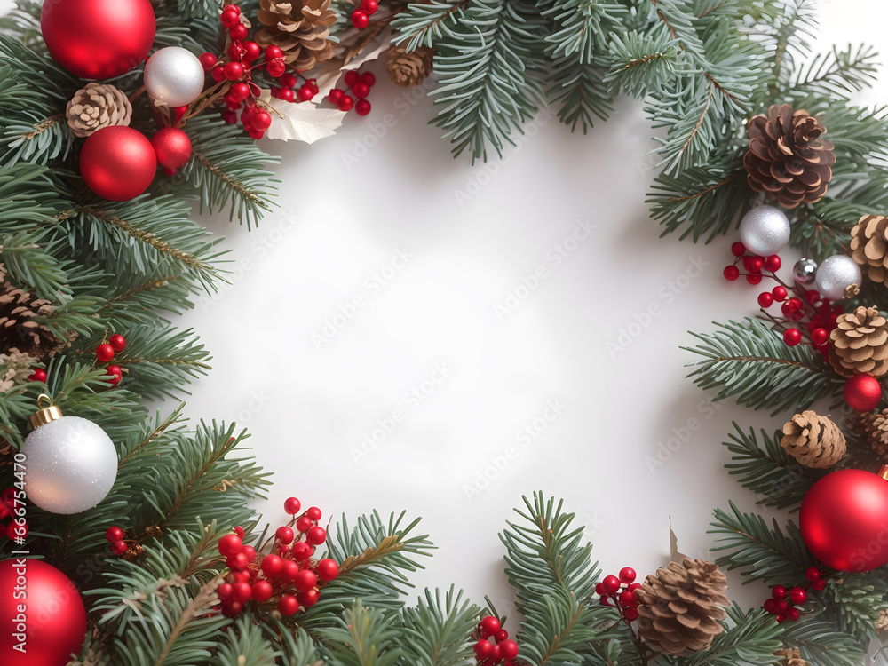 Christmas design. New Year's composition with a Christmas tree, balls, snow and garlands. Winter poster with empty space for text. Ai. Christmas design. New Year's composition with a Christmas tree, balls, snow and garlands. Winter poster with empty space for text. Ai.