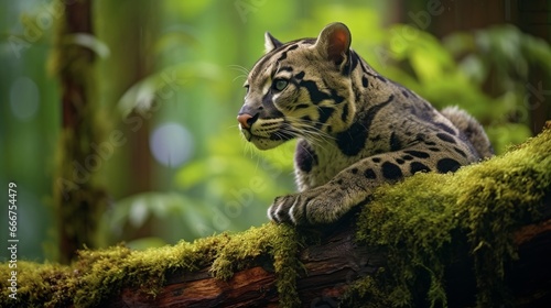 Clouded Leopard on Mossy Tree Branch in Southeast Asian Rainforest photo