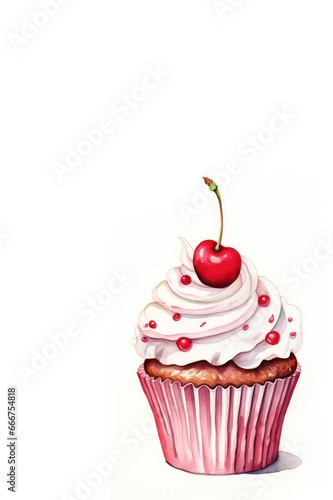 watercolor cherry pink cupcake isolated on white background copy space