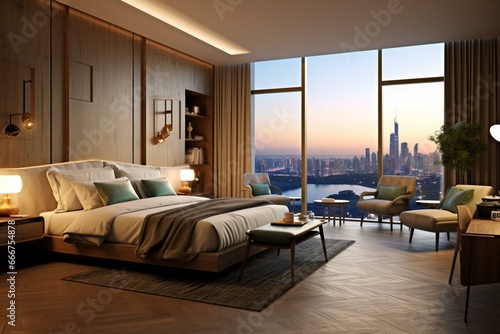 Spacious room with panoramic city vistas. Generative AI © Anthony