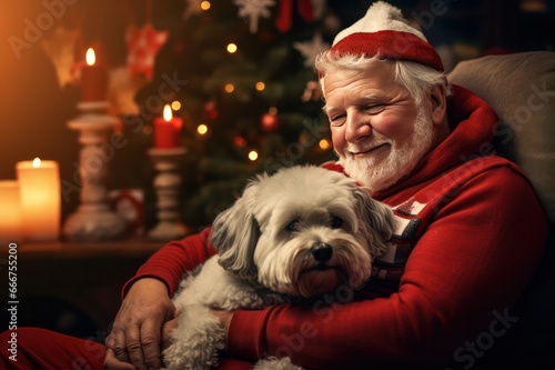 christmas portrait of senior man in red sweater with his dog at home near xmas tree