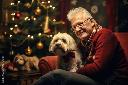 christmas portrait of senior man in red sweater with his dog at home near xmas tree