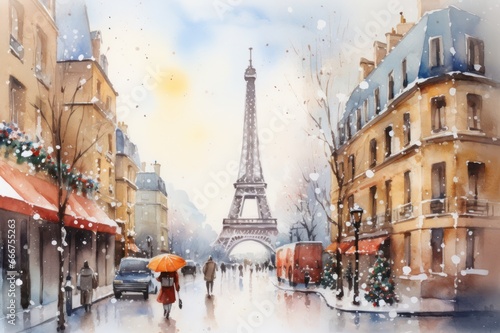 Christmas winter in Paris watercolor illustration