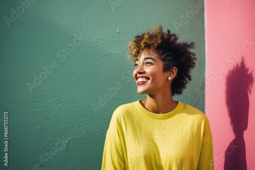Young beautiful diverse millennial woman standing by bright colorful green, yellow, pink wall, smiling and laughing, candid casual lifestyle photo