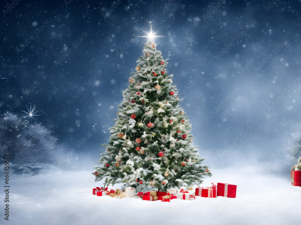Christmas design. New Year's composition with a Christmas tree, balls, snow and garlands. Winter poster with empty space for text. Ai. Christmas design. New Year's composition with a Christmas tree, balls, snow and garlands. Winter poster with empty space for text. Ai.