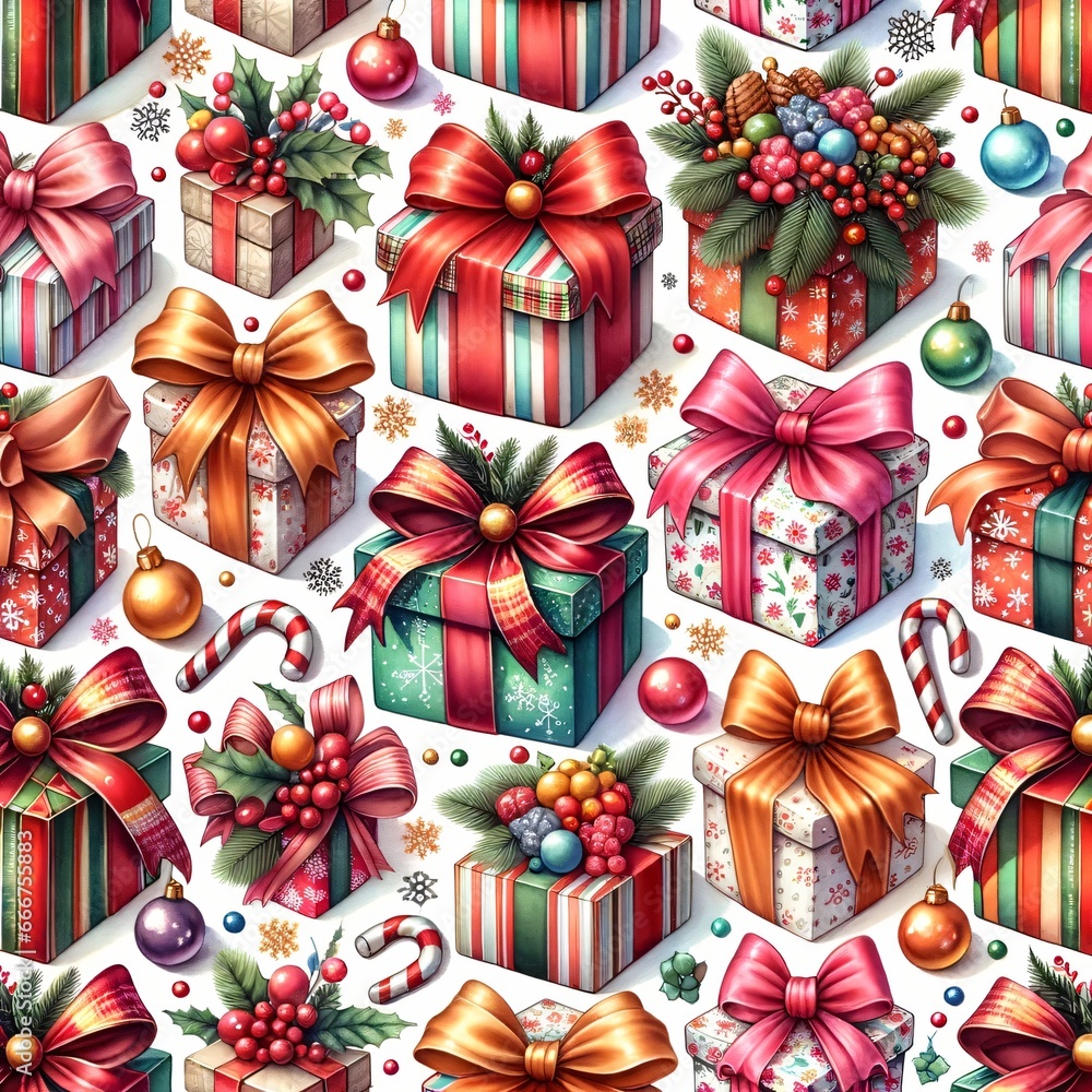 Seamless pattern of holiday gift boxes adorned with bows, candies, and baubles. Christmas and Holiday digital illustration. Design for festive wallpaper, background, poster, wrapping paper Seamless pattern of holiday gift boxes adorned with bows, candies, and baubles. Christmas and Holiday digital illustration. Design for festive wallpaper, background, poster, wrapping paper
