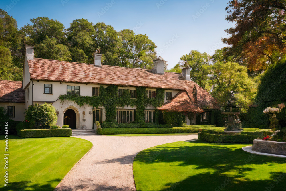 The exterior of an elegant country manor, with stone walls, ivy-covered balconies, and a sweeping staircase leading up to the front door