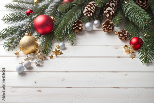 Christmas design. New Year's composition with a Christmas tree, balls, snow and garlands. Winter poster with empty space for text. Ai.