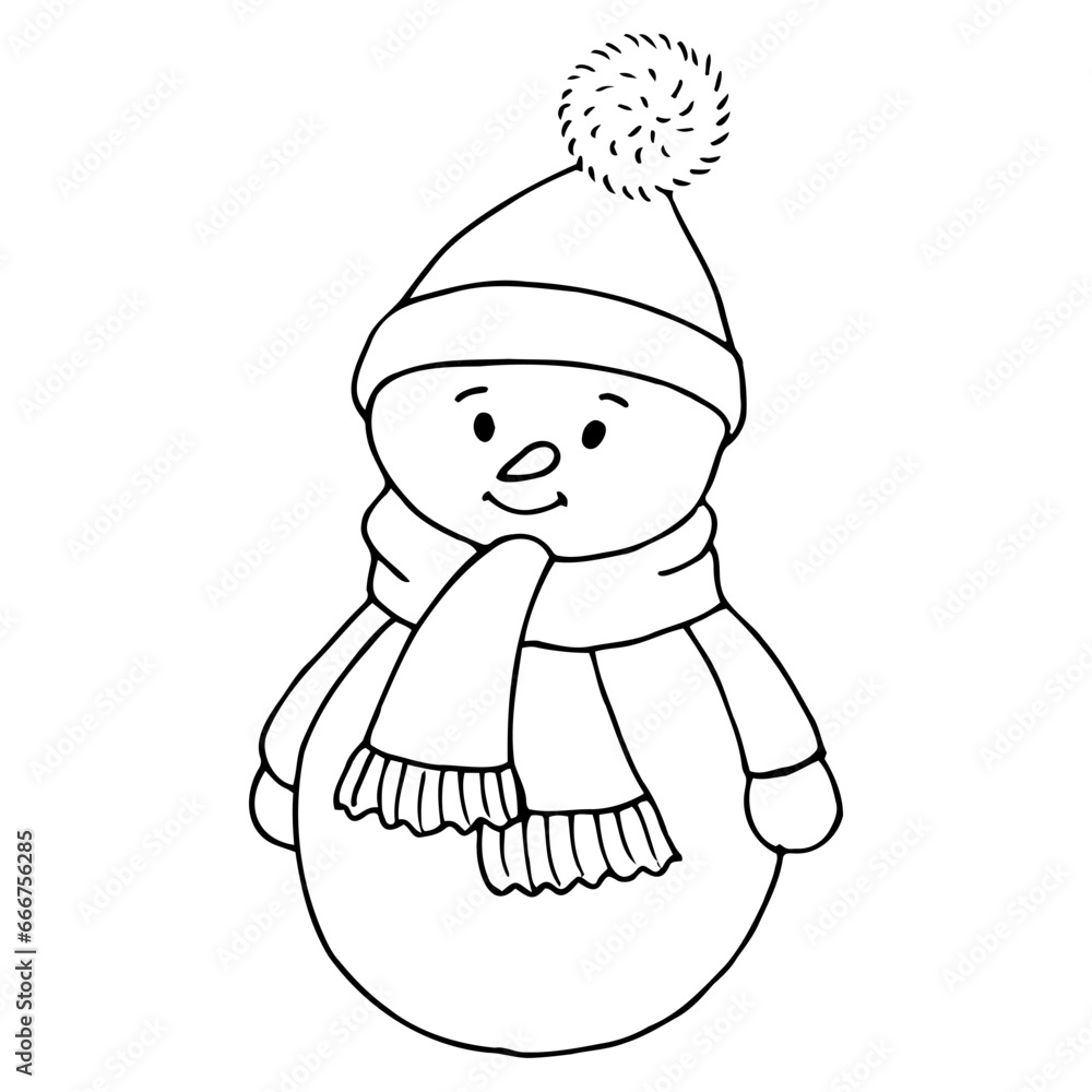 Сute snowman in hat and scarf. Сoncept New Year, Christmas, holidays, winter activities. Hand drawn vector illustration in doodle style outline drawing isolated on white background. Сute snowman in hat and scarf. Сoncept New Year, Christmas, holidays, winter activities. Hand drawn vector illustration in doodle style outline drawing isolated on white background.