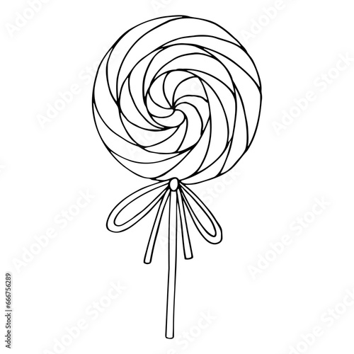 Meringue or lollipop on a stick with a bow. Spiral and striped candy. Vector illustration in hand drawn sketch doodle style. Line art twisted swirl candy isolated on white. Design for coloring book
