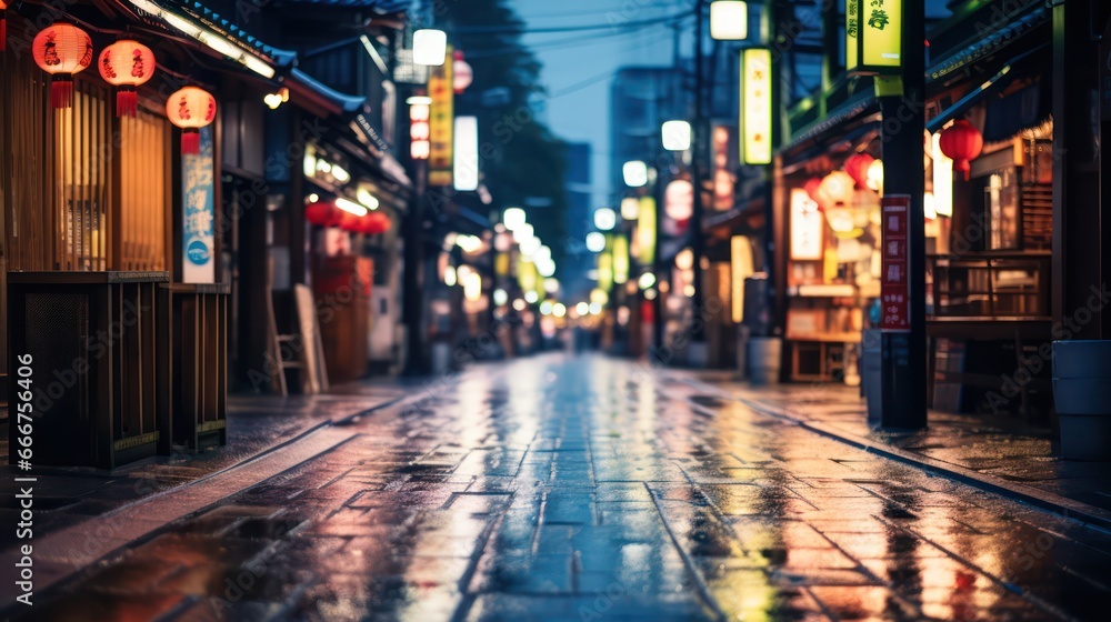 A peaceful and lovely evening setting in Japan following rain in the rural or small-town landscape, adorned with the gentle glow of lights and reflections on the streets - obrazy, fototapety, plakaty 