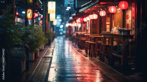 A peaceful and lovely evening setting in Japan following rain in the rural or small-town landscape  adorned with the gentle glow of lights and reflections on the streets