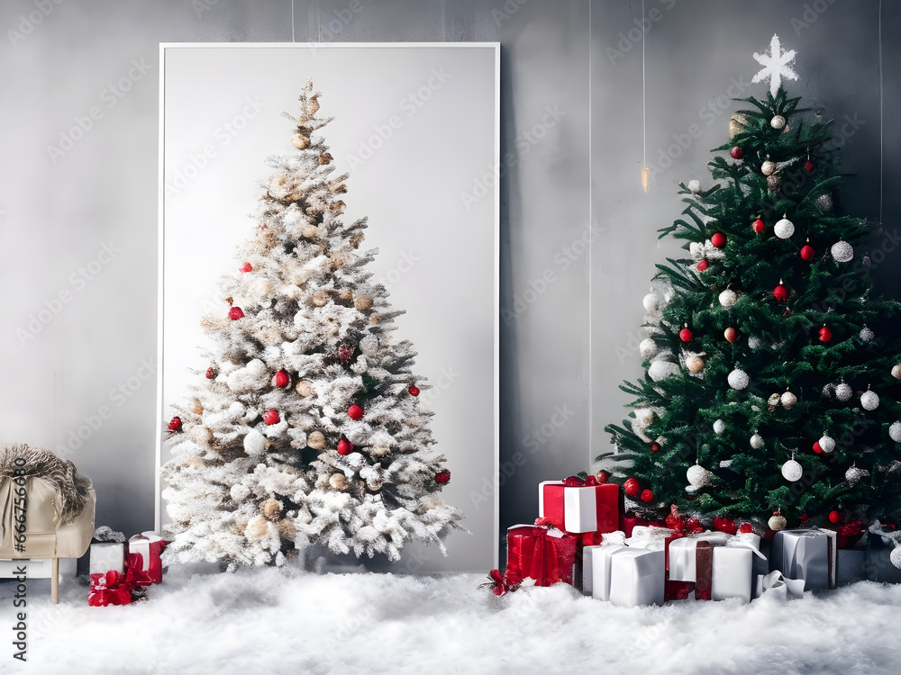 Christmas design. New Year's composition with a Christmas tree, balls, snow and garlands. Winter poster with empty space for text. Ai. Christmas design. New Year's composition with a Christmas tree, balls, snow and garlands. Winter poster with empty space for text. Ai.
