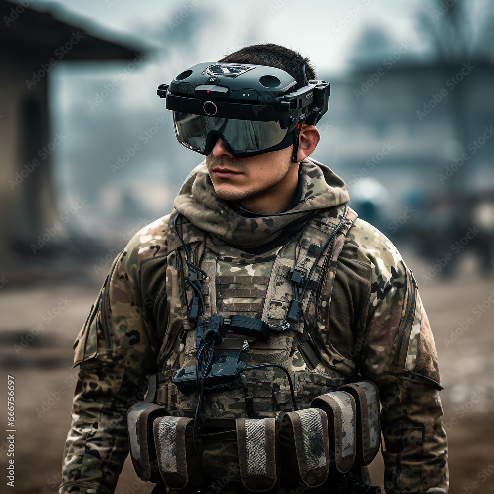 A soldier in Ukrainian camo standing wearing fpv drone 