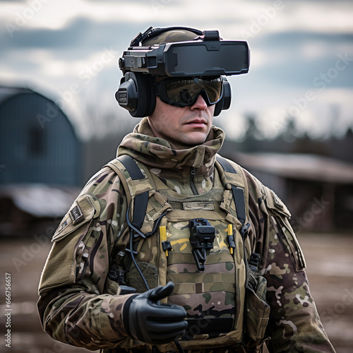 A soldier in Ukrainian camo standing wearing fpv drone 