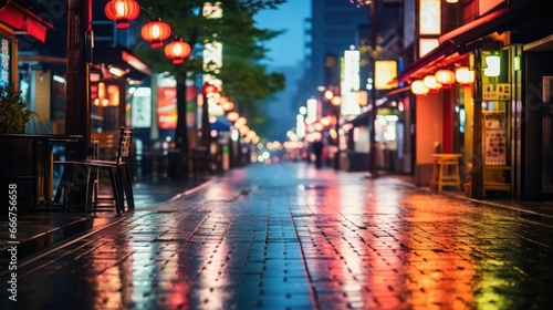 A peaceful and lovely evening setting in Japan following rain in the rural or small-town landscape  adorned with the gentle glow of lights and reflections on the streets