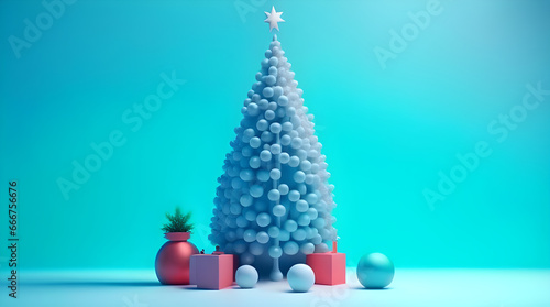 3d Christmas design. New Year's composition with a Christmas tree, balls, snow and garlands. Winter poster with empty space for text. Ai.